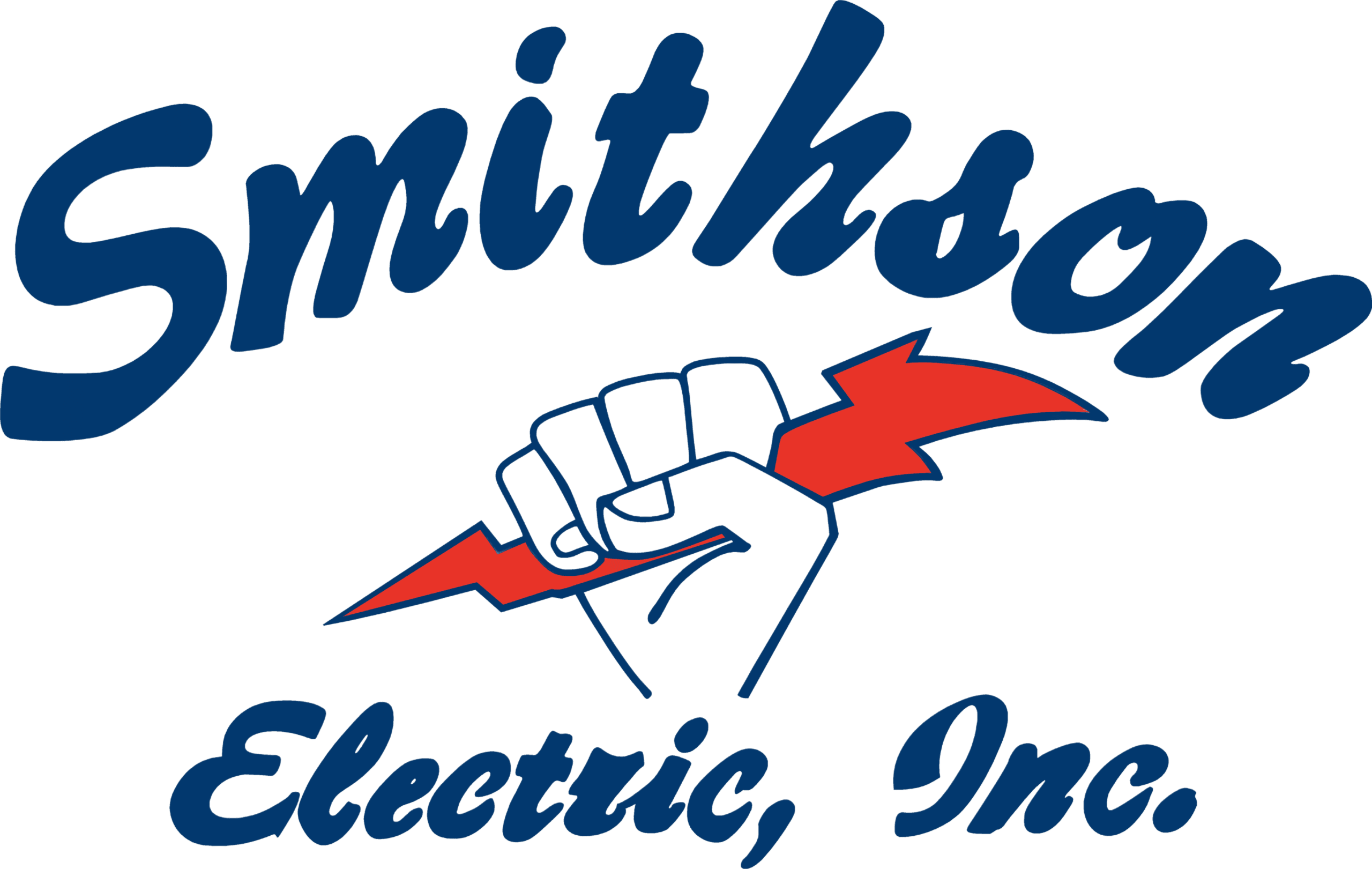 Untitled design Smithson Electric, Inc. logo featuring a blue script font and an image of a fist holding a red lightning bolt.